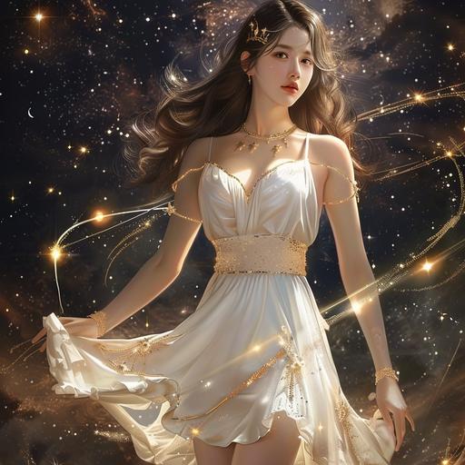 The Virgo of 12 Constellations, the design is like the Ahri of League of Legends, a beautiful girl in her 20s who looks like Monica Anna Maria Bellucci 20 years old, she wears white dress with gold edge,the golden star patten of virgo is the background, full body image, frontal view, long view, hpyer realistic, highly detailed, upbeta