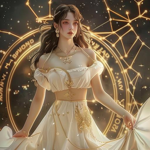 The Virgo of 12 Constellations, the design is like the Ahri of League of Legends, a hunky beautiful asian girl in her 20s who looks like Monica Anna Maria Bellucci 20 years old, she wears white dress with gold edge,the golden star patten of virgo is the background, full body image, frontal view, long view, hpyer realistic, highly detailed, upbeta