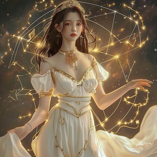 The Virgo of 12 Constellations, the design is like the Ahri of League of Legends, a hunky beautiful asian girl in her 20s who looks like Monica Anna Maria Bellucci 20 years old, she wears white dress with gold edge,the golden star patten of virgo is the background, full body image, frontal view, long view, hpyer realistic, highly detailed, upbeta