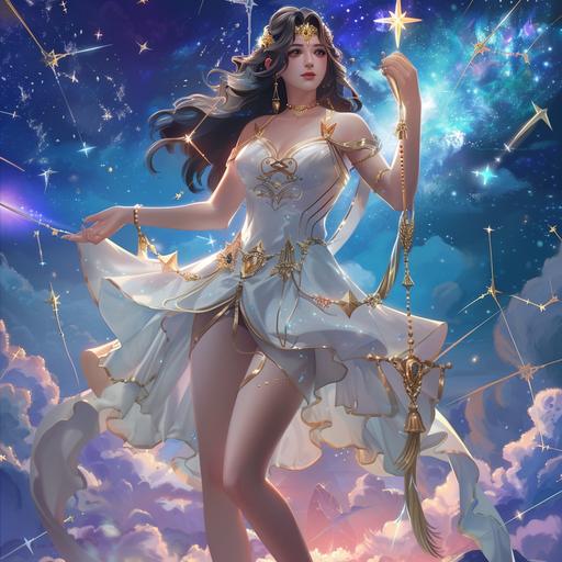 The Virgo of 12 Constellations, the design is like the Ahri of League of Legends, a beautiful girl in her 20s who looks like Monica Anna Maria Bellucci 20 years old, she wears white dress made by auspicious clouds with gold edge and standing on the colorful auspicious clouds,the golden star patten of virgo is the background, full body image, frontal view, long view, hpyer realistic, highly detailed, upbeta --v 6.0