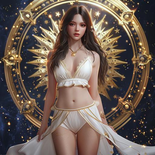 The Virgo of 12 Constellations, the design is like the Ahri of League of Legends, a hunky beautiful girl in her 20s who looks like Monica Anna Maria Bellucci 20 years old, she wears white dress with gold edge,the golden star patten of virgo is the background, full body image, frontal view, long view, hpyer realistic, highly detailed, upbeta