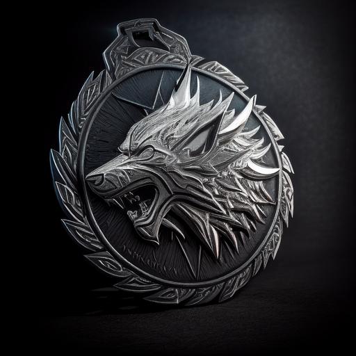 The Witcher 3 wolf medallion, silver on black background, 2D anime style