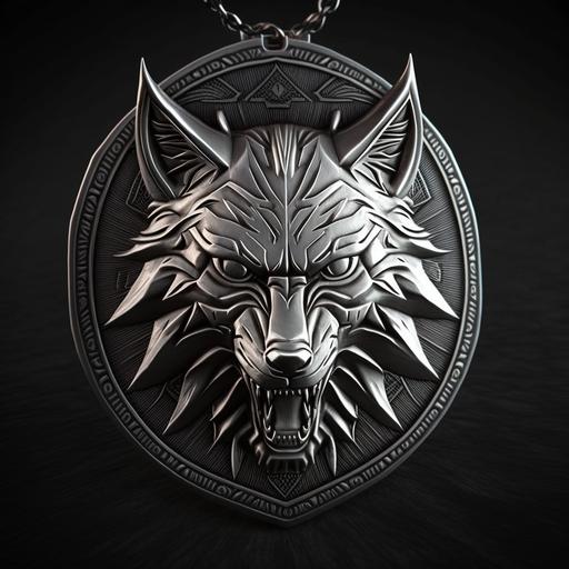 The Witcher 3 wolf medallion, silver on black background, 2D anime style