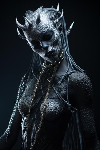 The Wraith, lemur queen, led skin suit, fish hooks, licking lips, dynamic lighting --ar 2:3