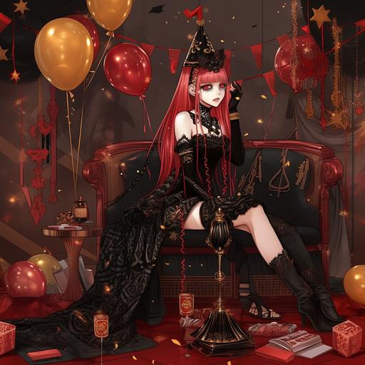 The adorable cybergoth princess of the great Cybergothia celebrates her 16th birthday at the Palace of Darkness, sitting on a throne with a glass of red drink, black and gold balloons around, holographic bats, a red-lit champagne fountain, a disco ball, a podium DJ, dancing cybergoths, Moebius::3, ar 2:3 --v 5 --s 250