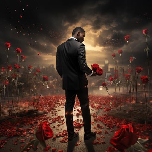 The afro american tall man, dressed in a black suit, was holding a bunch of red roses, at a cross roads, light track photography, infographic drawing, 32K, HDR