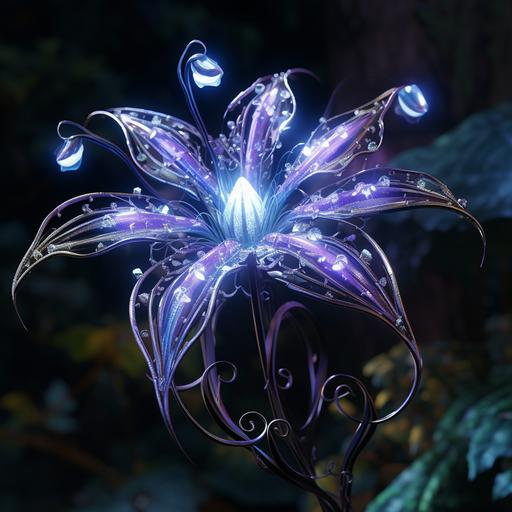 The alien plant's hardboiled tendrils bear delicate, leaf-like structures that range from iridescent blues to vibrant purples. These leaves are crowned by intricate, star-shaped flowers in mesmerizing shades of silver and sapphire, each petal seemingly carved from iridescent crystals, lending an otherworldly beauty to this extraterrestrial flora.