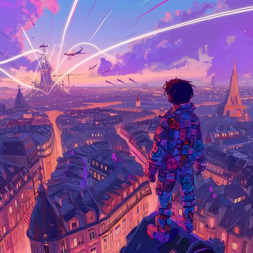 The anime art captures the essence of Elsa Bleda's halftone Strasbourg piece, transforming the scene into a vibrant and dynamic anime setting. The aerial shot reveals a bustling anime city adorned with maximalist pop art inflatable structures and halftone comic patterns, seamlessly merging traditional anime aesthetics with contemporary art. The main character, a stylized anime male, struts confidently through the scene in a sleek Balenciaga suit adorned with intricate halftone patterns. His movement creates dynamic contrails, emphasizing the energetic atmosphere. The suit's colors shift dynamically, echoing the vibrant hues of the pop art-infused environment. The architecture of the city reflects a fusion of halftone pop art and traditional anime styling, with exaggerated angles and bold lines. The rooftops and structures are adorned with anime-inspired patterns, creating a visually stunning and immersive landscape. The twilight sky, a staple of anime scenes, bathes the city in a warm glow, enhancing the overall aesthetic. The artwork captures the spirit of Elsa Bleda's original while infusing it with the dynamic and expressive elements characteristic of anime art. --v 6.0
