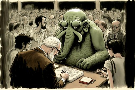 The annual nerd convention, anoyed Cthulhu signing autgraphs by Gary Larson --ar 3:2 --q 2 --v 4