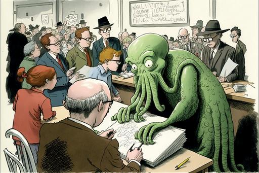 The annual nerd convention, anoyed Cthulhu signing autgraphs by Gary Larson --ar 3:2 --q 2 --v 4
