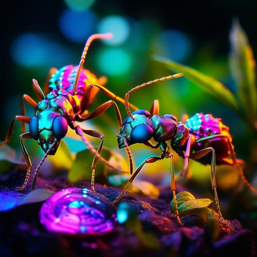 The ants have colorful antennas that create a magical language. Imagine a world filled with vibrant colors like red, blue, green, and purple in stunning 8K quality. Children can draw how these ants communicate with each other using their colorful antennas, creating enchanting signals. They can even draw an ant king or queen, imagining how they govern their kingdoms with their magical antennas. The doors to a fun, colorful, and magical ant world are wide open for you