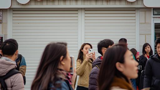The background is a clean outdoor market that is not outdated, Front view, There is a shutter door that is large enough to fill the screen, and the shutter door is white, People of various races pass by in front of the shutter door, Some people take pictures in front of the shutter door, A pretty Korean woman takes a selfie with her phone in front of the shutter door, --ar 16:9 --v 6.0 --no letter