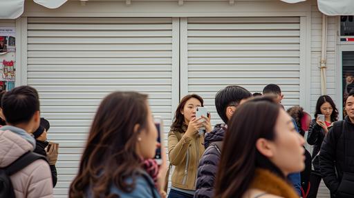 The background is a clean outdoor market that is not outdated, Front view, There is a shutter door that is large enough to fill the screen, and the shutter door is white, People of various races pass by in front of the shutter door, Some people take pictures in front of the shutter door, A pretty Korean woman takes a selfie with her phone in front of the shutter door, --ar 16:9 --v 6.0 --no letter