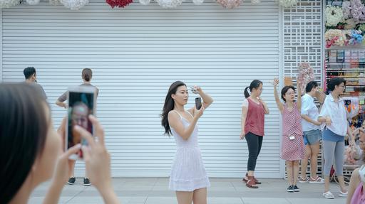 The background is a clean outdoor market that is not outdated, The season is summer, Front view, There is a shutter door that is large enough to fill the screen, and the shutter door is white, People of various races pass by in front of the shutter door, Some people take pictures in front of the shutter door, A Korean woman takes a selfie with her phone in front of the shutter door --ar 16:9 --v 6.0 --no letter