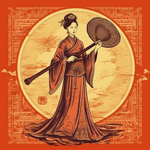 The background is a red and gold color scheme, the center is a Chinese costume with a woman holding a broom, the walls are hung with slogans promoting incorruptiousness, fantastic illustration style, retro colors --v 5 --q 2 --s 250