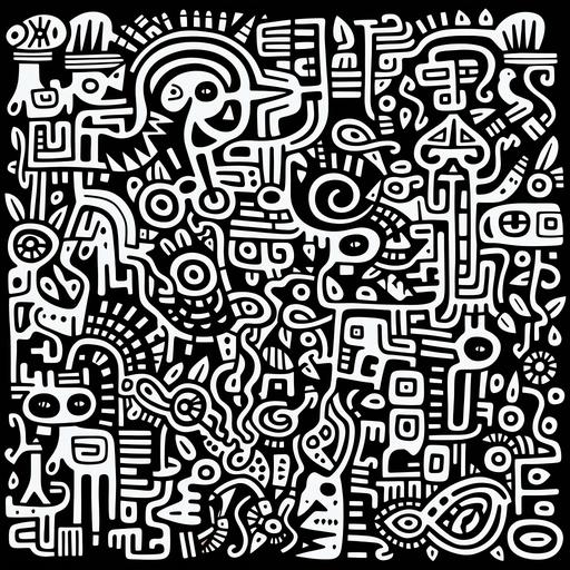The background is an African animal doodle by Keith Haring, black and white, paper, coloring book, ar 16:9 motif.