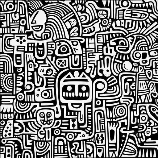 The background is doodle animal art by Keith Haring, black and white, paper, coloring book, pattern ar 2:3