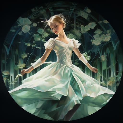 The ballet girl's flared skirt is a diamond ring frame. The girl wears an emerald green silk dress, surrounded by white lotus flowers