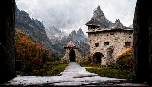 The beautiful entrance to an ancient Pizza Hut castle in the French Alps, rule of thirds --ar 16:9