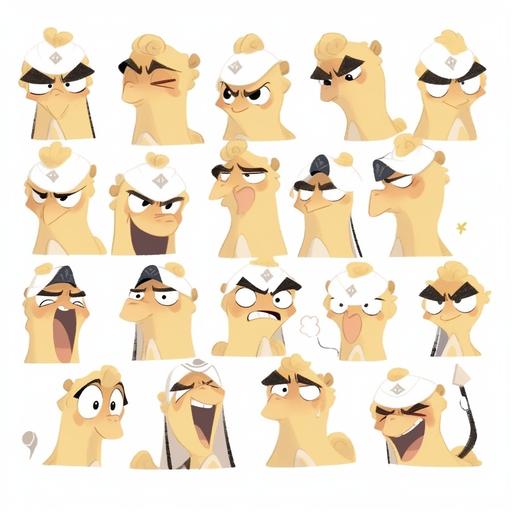 The big, grinning camel, Memes,16 different emojis, emoji series, multiple poses and expressions, different emotions, with multiple expressions, Anthropomorphic style, Disney style, black brush white background 8k --niji 5 --style cute --s 750