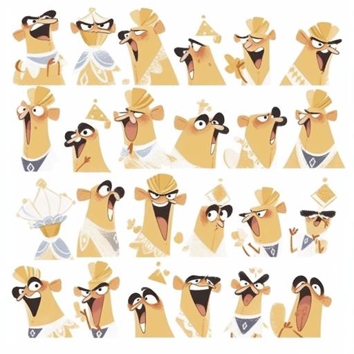 The big, grinning camel, Memes,16 different emojis, emoji series, multiple poses and expressions, different emotions, with multiple expressions, Anthropomorphic style, Disney style, black brush white background 8k --niji 5 --style cute --s 750