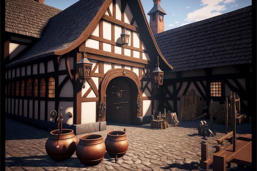 The blacksmith is a wooden simple building, with a brown shingled roof and shiny hardwood floors. It was once a barracks, and has a collection of arms and armor. It contains some planter boxes on the walls and a large horned anvil, blurred city background, uhd, 8k, 4k --ar 3:2