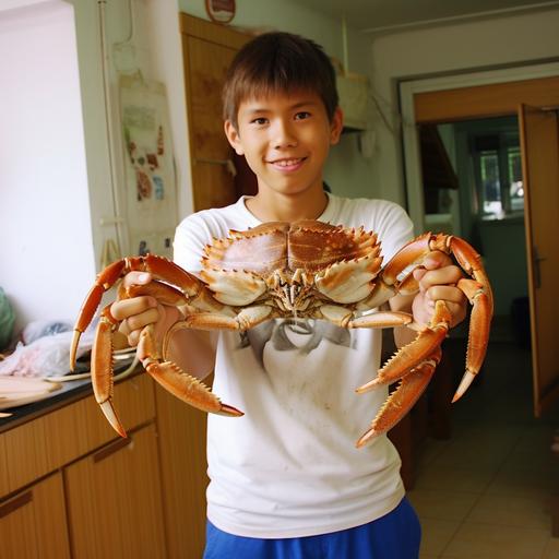 The boy holds two big king crabs in his hands --w 2 --style raw