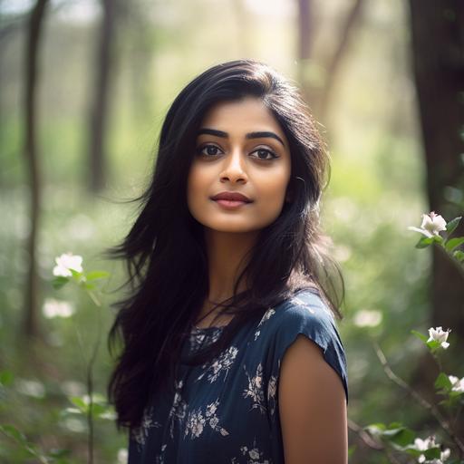 The camera opens on a stunning Bengali Indian girl, 30 years old, sitting on a perch in the middle of a lush forest, surrounded by vibrant spring flowers. The soft light of the forest sun casts a warm glow on her face, emphasizing her big eyes and pearly smile. As the camera zooms in, her long black hair flows elegantly around her, framing her slender body and modern chic black silhouette. With every shot, the camera captures the intricate details of her outfit, the delicate patterns of the flowers, and the beauty of the forest around her. In the background, the sounds of nature create a sense of peace and tranquility, while the camera lingers on the girl's face, capturing the emotion and passion behind her journey. Her big smile and confident posture suggest a sense of purpose and determination, inspiring viewers to follow their own path in life. As the scene fades to black, the audience is left with a sense of awe and inspiration, a deep appreciation for the power of storytelling and the beauty of the world around us. The Bengali Indian girl in the forest becomes a symbol of strength and resilience, representing the power of individuality and the importance of connecting with nature. 8k --v 5