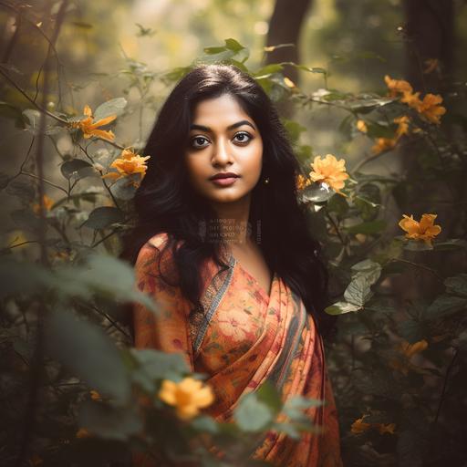 The camera opens on a stunning Bengali Indian girl, 30 years old, sitting on a perch in the middle of a lush forest, surrounded by vibrant spring flowers. The soft light of the forest sun casts a warm glow on her face, emphasizing her big eyes and pearly smile. As the camera zooms in, her long black hair flows elegantly around her, framing her slender body and modern chic black silhouette. With every shot, the camera captures the intricate details of her outfit, the delicate patterns of the flowers, and the beauty of the forest around her. In the background, the sounds of nature create a sense of peace and tranquility, while the camera lingers on the girl's face, capturing the emotion and passion behind her journey. Her big smile and confident posture suggest a sense of purpose and determination, inspiring viewers to follow their own path in life. As the scene fades to black, the audience is left with a sense of awe and inspiration, a deep appreciation for the power of storytelling and the beauty of the world around us. The Bengali Indian girl in the forest becomes a symbol of strength and resilience, representing the power of individuality and the importance of connecting with nature. 8k --v 5