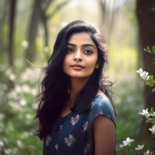 The camera opens on a stunning Bengali Indian girl, 30 years old, sitting on a perch in the middle of a lush forest, surrounded by vibrant spring flowers. The soft light of the forest sun casts a warm glow on her face, emphasizing her big eyes and pearly smile. As the camera zooms in, her long black hair flows elegantly around her, framing her slender body and modern chic black silhouette. With every shot, the camera captures the intricate details of her outfit, the delicate patterns of the flowers, and the beauty of the forest around her. In the background, the sounds of nature create a sense of peace and tranquility, while the camera lingers on the girl's face, capturing the emotion and passion behind her journey. Her big smile and confident posture suggest a sense of purpose and determination, inspiring viewers to follow their own path in life. As the scene fades to black, the audience is left with a sense of awe and inspiration, a deep appreciation for the power of storytelling and the beauty of the world around us. The Bengali Indian girl in the forest becomes a symbol of strength and resilience, representing the power of individuality and the importance of connecting with nature. 8k --v 5