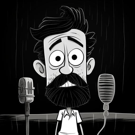 The cartoon withe man, beard, face hair, 38 yers (mid-20th century cartoon) trying (unsuccessfully) to make podcast. Still from a classic Little Lulu cartoon