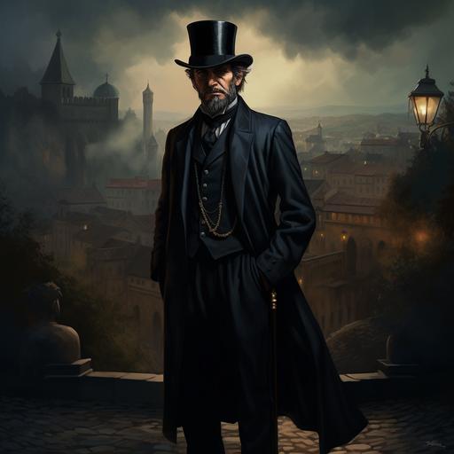 The character is an old half-elf in a black tuxedo and top hat, small glasses with round lenses, a wide smile, slightly pointed ears, a black cane in his hand. Looks like Erik Satie. Dark fantasy style. Full length portrait. In the background is a medieval city.