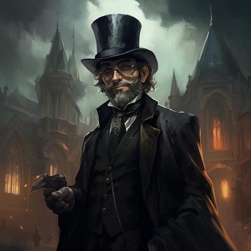 The character is an old half-elf in a black tuxedo and top hat, small glasses with round lenses, a wide smile, slightly pointed ears, a black cane in his hand. Looks like Erik Satie. Dark fantasy style. Full length portrait. In the background is a medieval city.