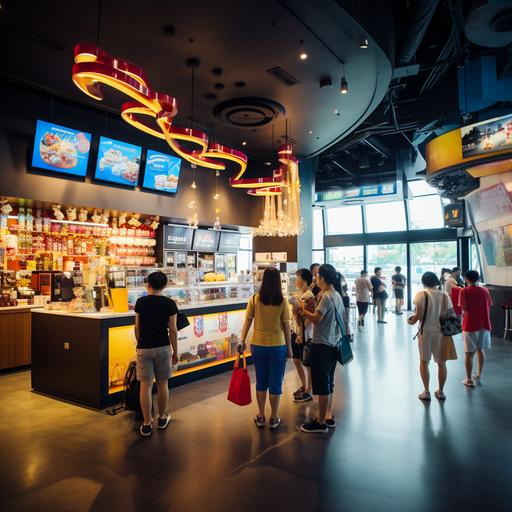 The cinema hall in the picture is spacious and bright, providing customers with a refreshing area for buying tickets and waiting. There is a bright LED screen on the left side of the lobby that displays the movie schedule and play time to provide customers with a convenient reference. Next to the LED screen is the 