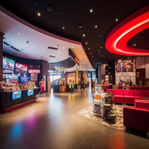 The cinema hall in the picture is spacious and bright, providing customers with a refreshing area for buying tickets and waiting. There is a bright LED screen on the left side of the lobby that displays the movie schedule and play time to provide customers with a convenient reference. Next to the LED screen is the 