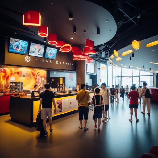 The cinema hall in the picture is spacious and bright, providing customers with a refreshing area for buying tickets and waiting. There is a bright LED screen on the left side of the lobby that displays the movie schedule and play time to provide customers with a convenient reference. Next to the LED screen is the 