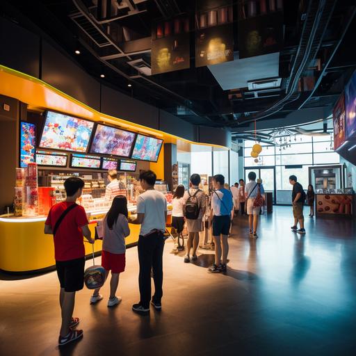 The cinema hall in the picture is spacious and bright, providing customers with a refreshing area for buying tickets and waiting. There is a bright LED screen on the left side of the lobby that displays the movie schedule and play time to provide customers with a convenient reference. Next to the LED screen is the 