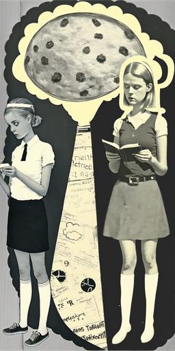 The circumference of a 🥧 is 2πr. Surrealist pop art. 1970s. Photographic collage. Double exposure. Mixed media. Oil paint. Torn paper. Black and white photograph. School maths exercise books. Graph paper. Doodles, notes, diagrams. Quirky girl Danish model. Thought bubble. Lightbulb. Kawaii cartoon doodles. Felt tip scribbles. Ballpoint pen. Compasses and protractor. Neon graffiti highlights. Metallic copper and silver leaf. Geometric shapes. Multicolour vibrant. Zenit with Svema Foto 64 film.     --ar 1:2 --chaos 75
