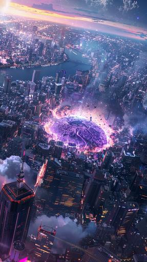 The city of Tokyo was destroyed by a purple meteorite, a huge crater, a burning city, the size of the crater is 50 kilometers in diameter, real photo --ar 9:16