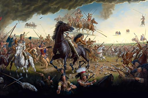 The defeat of General Custer, epic battle, indians, arrows, soldiers, horses, wide angle shot by Mel Crair and Mort Kunstler --ar 3:2