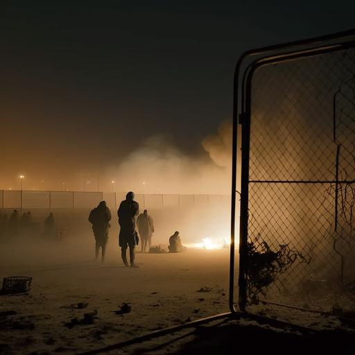 The desert at night with refugees locked up in metal cages , dirty old ragged ball in the dust surface, textile, cloth, apocalyptic, burned wasteland, realistic, clear focus, complex details, high detail, cinematic, 4k resolution, epic movie still, sharp focus, smoke, cinematic, 4k, gritty, epic, landscape, walking in the desert night, widescreen, aspect ration anamorphic, emotion, scarred, danger, dramatic dark world