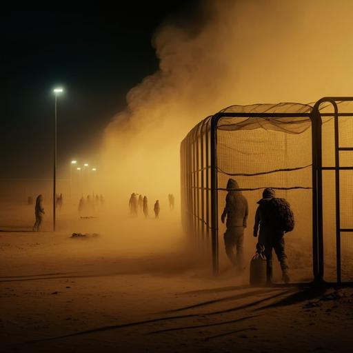 The desert at night with refugees locked up in metal cages , dirty old ragged ball in the dust surface, textile, cloth, apocalyptic, burned wasteland, realistic, clear focus, complex details, high detail, cinematic, 4k resolution, epic movie still, sharp focus, smoke, cinematic, 4k, gritty, epic, landscape, walking in the desert night, widescreen, aspect ration anamorphic, emotion, scarred, danger, dramatic dark world