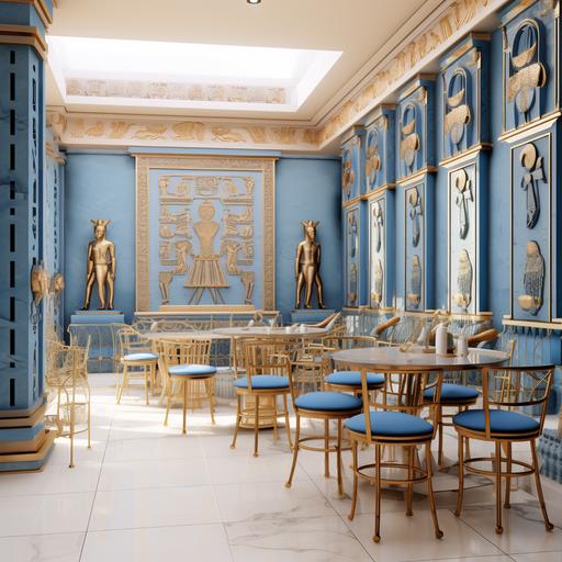 The design of a small modern cafe inspired by the empire of the great Babylon, with a gate similar to the blue Ishtar gate, with relief carvings of golden animals, delicate details, blue chairs and tables, and containing statues of Lamassu, the legendary winged bull ,8k__v 4