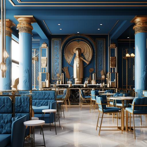 The design of a small modern cafe inspired by the empire of the great Babylon, with a gate similar to the blue Ishtar gate, with relief carvings of golden animals, delicate details, blue chairs and tables, and containing statues of Lamassu, the legendary winged bull ,8k__v 4