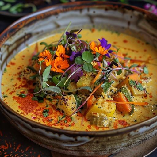 The embellished Dreamwalker Curry is a visually stunning dish, with a rich, golden-yellow color that shimmers in the light, reminiscent of the sun setting over the Saṃsāran jungle. The surface of the curry is often adorned with a vibrant array of ingredients and garnishes, creating a dish that is as pleasing to the eye as it is to the palate. The Areca Sanguisorba-infused coconut milk lends the curry a luscious, creamy texture and a deep, golden hue. As the light catches the surface of the curry, it reflects hues of orange and red, symbolizing the powerful dream magic within. The curry is teeming with various vegetables, such as carrots, eggplants, and okra, each adding their unique colors and textures to the dish. These ingredients are often cut into intricate shapes, reminiscent of the patterns found in the dream realm. Delicate, edible flowers, like marigolds and nasturtiums, float atop the curry like a dreamy, floral blanket, their bright colors providing a stark contrast to the golden curry beneath. These flowers not only enhance the visual appeal of the dish but also symbolize the connection between the physical and dream worlds. Fresh herbs, such as cilantro, Thai basil, or mint, are finely chopped and sprinkled over the dish, providing a burst of freshness and additional color. To finish the presentation, the Dreamwalker Curry is often served in a beautifully crafted bowl made from materials like ceramic or lacquered wood. The bowl is usually decorated with intricate, dream-inspired patterns, further emphasizing the dish's connection to the dream realm. When presented, the Dreamwalker Curry is a true feast for the senses, its enchanting appearance drawing diners into the mystical world of dreams even before they take their first bite.