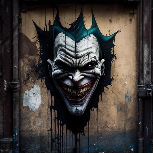 The evil Joker logo stared out from the wall, its twisted grin sending shivers down the spine of anyone who passed by, The street art style gave it a gritty, urban edge that seemed to reflect the dark heart of the city