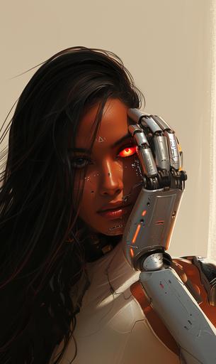 The face of a strong thirty-old sci-fi spy mocha-skinned Indian woman with sci-fi neon eyes, her right arm and shoulder is a polished silver humanoid robotic arm --v 6.0 --ar 3:5