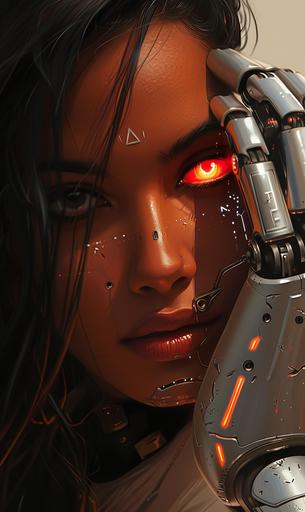 The face of a strong thirty-old sci-fi spy mocha-skinned Indian woman with sci-fi neon eyes, her right arm and shoulder is a polished silver humanoid robotic arm --v 6.0 --ar 3:5