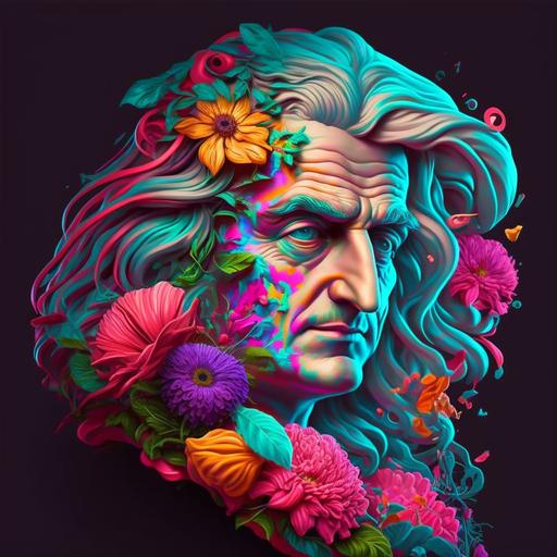 The face of the artist Isaac Newton World of physics and mathematics realistic concept in bright colors abstract art character background art character charming landscape cute flowers cell shading fun realistic concept art vivid color 3D 8k --v 4