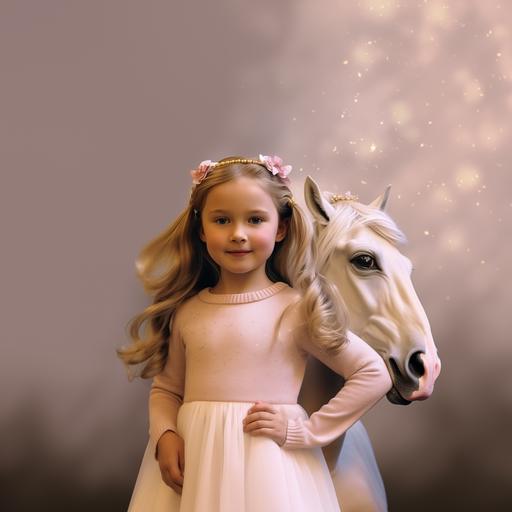 The face of this child as a princess riding a Unicorn.